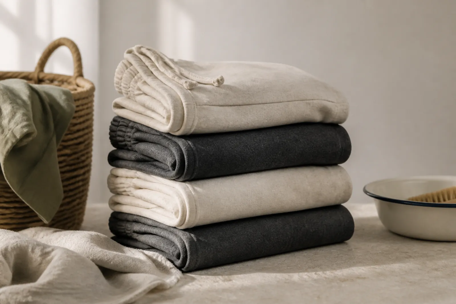 Folded flare sweatpants stacked beside a laundry basket in daylight