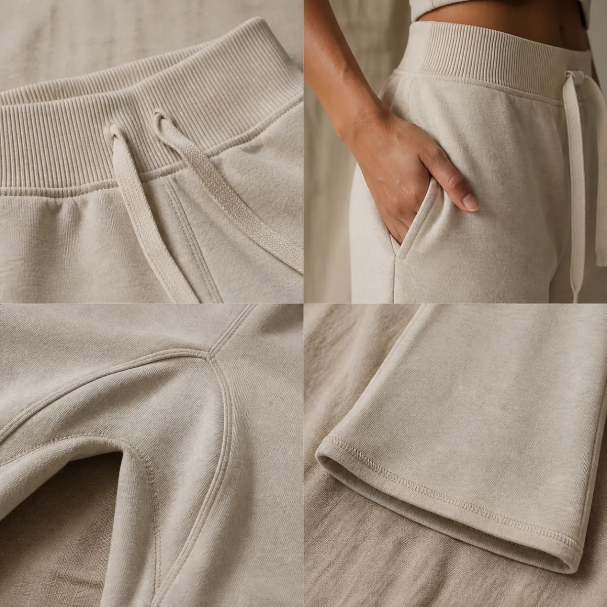 Close-up details of a flare sweatpant waistband, pocket, gusset and hem