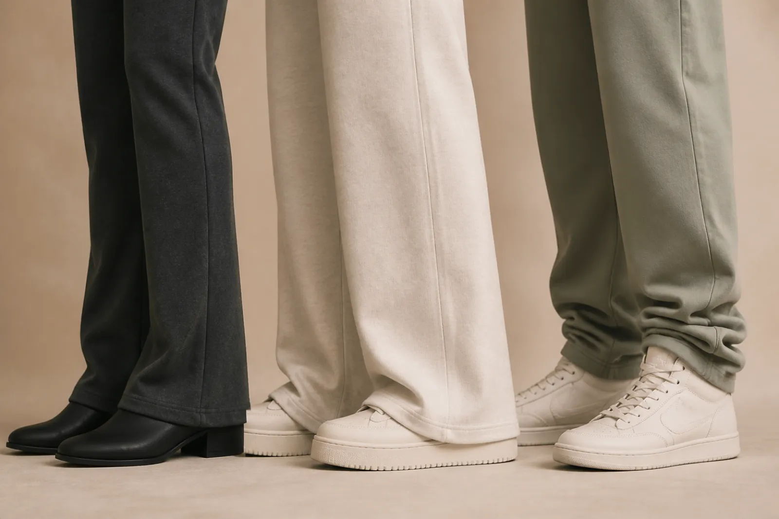 Bootcut, wide and stacked flare sweatpant hems compared from the knee down