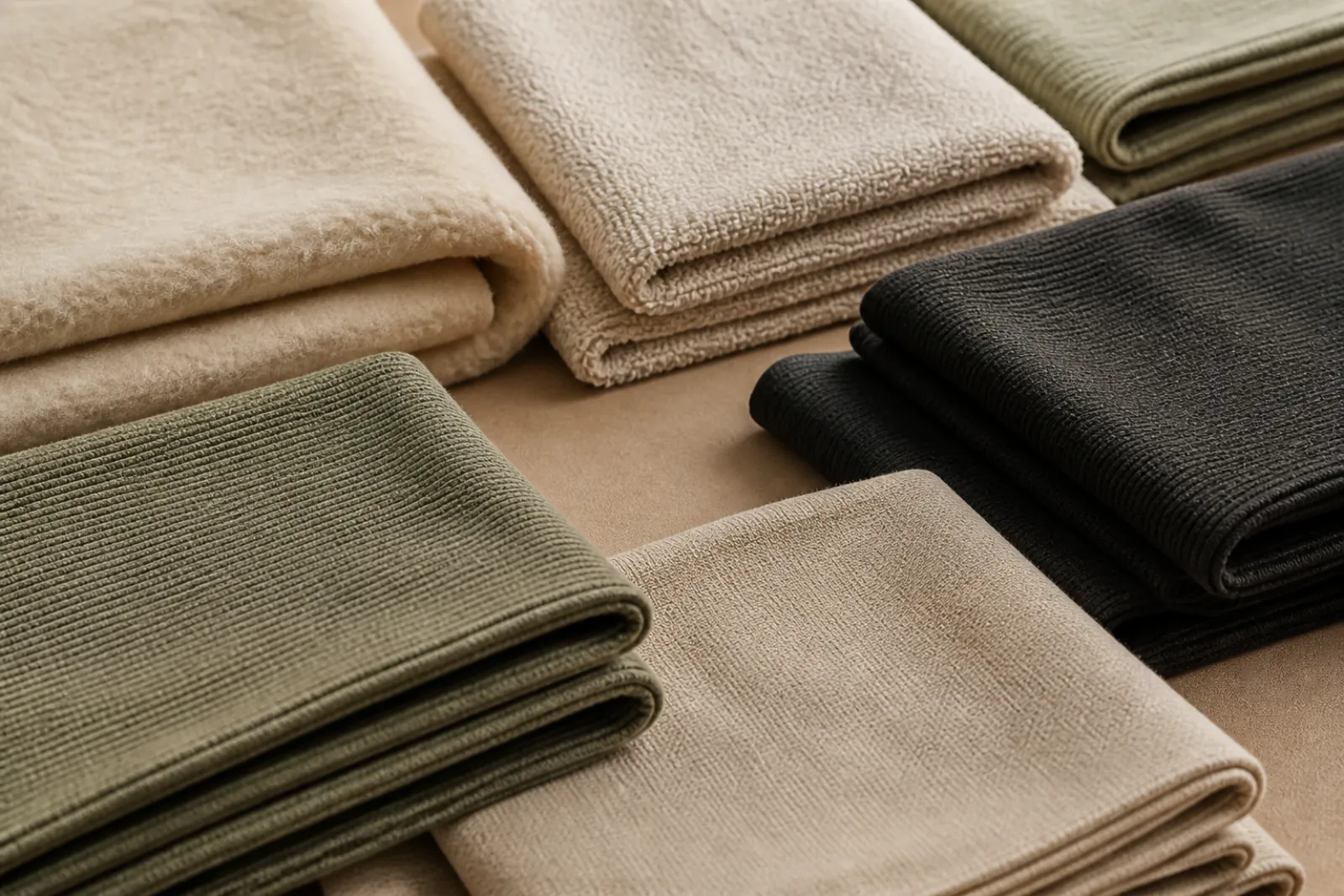 Close-up of fleece, french terry and cotton blend sweatpant fabric swatches