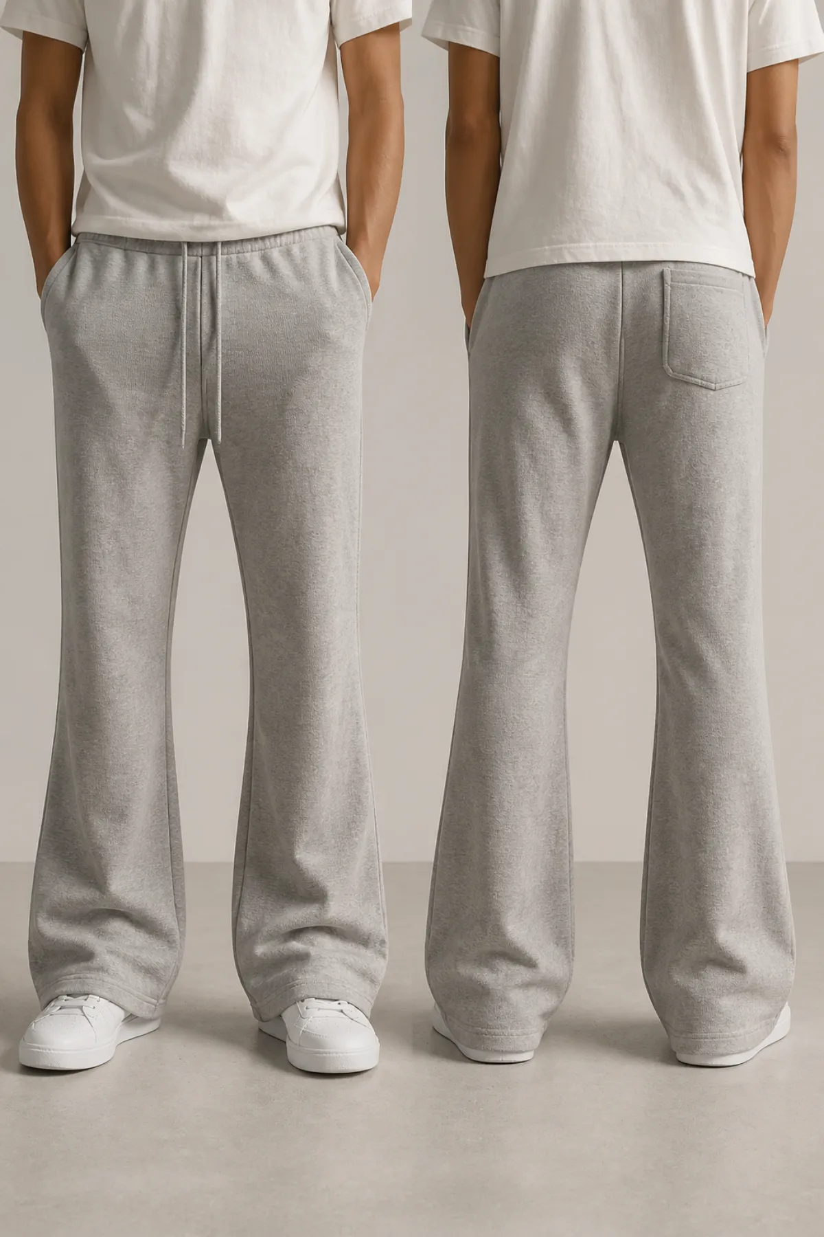 Heather grey flare joggers shown front and back on a model
