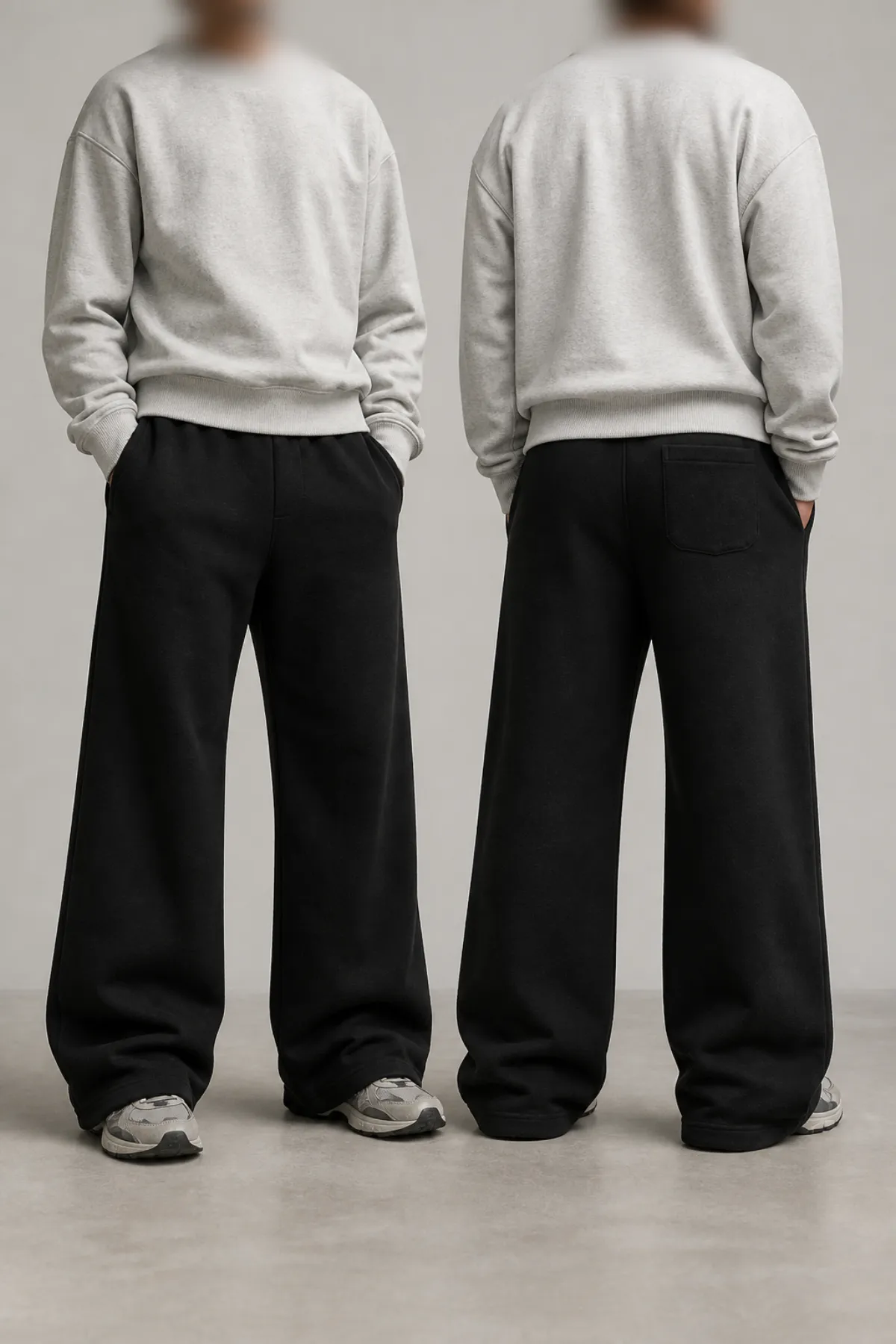 Black baggy flare sweatpants shown front and back on a model