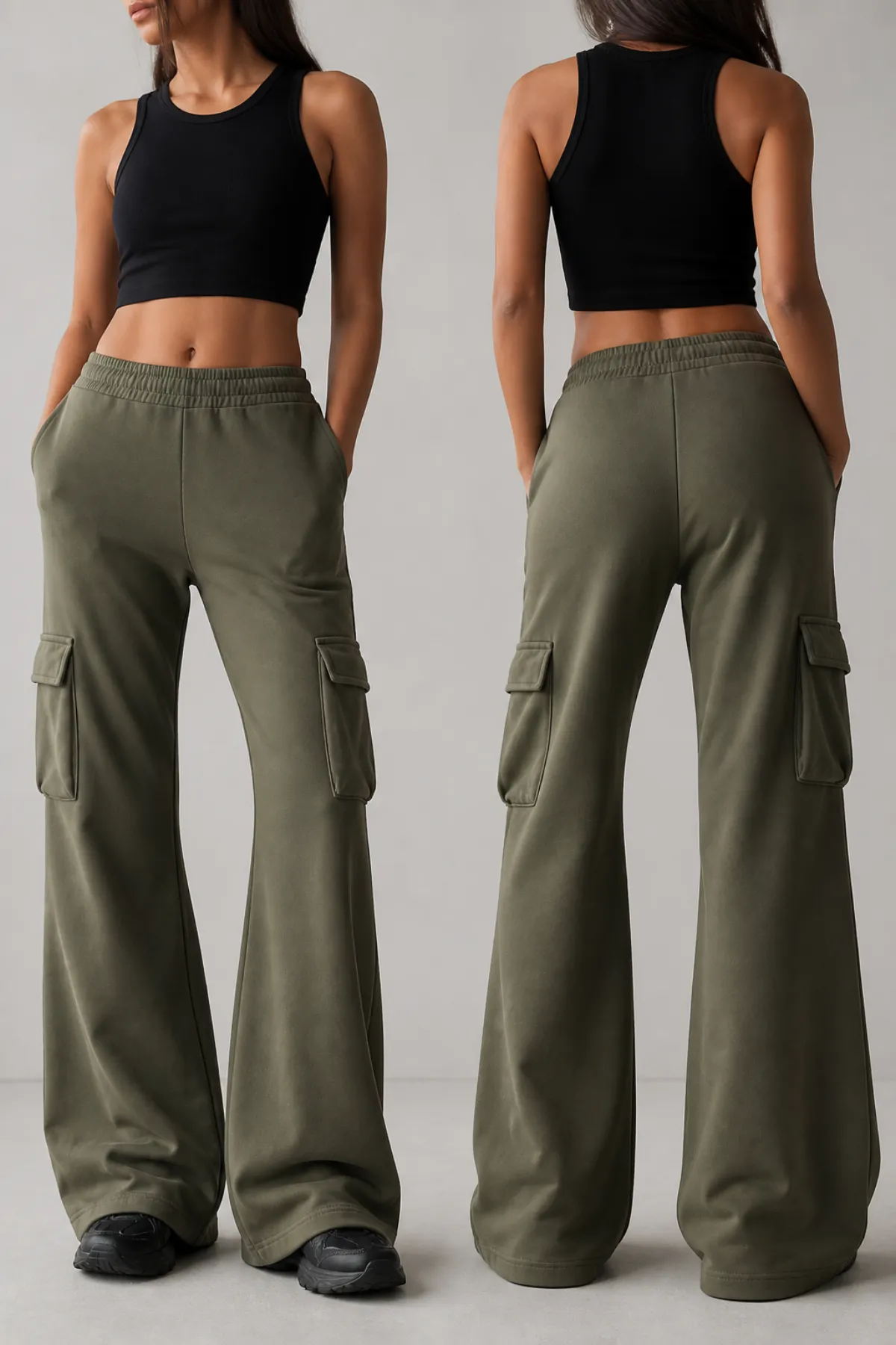 Olive cargo flare sweatpants with thigh pockets, front and back