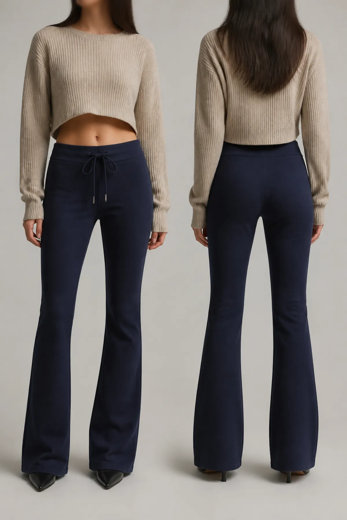 Navy slim fit flare sweatpants shown front and back on a model