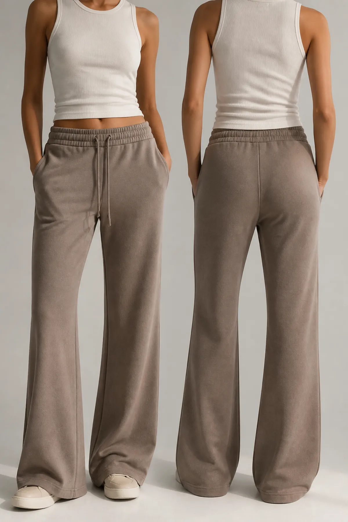 Taupe relaxed fit flare sweatpants shown front and back on a model