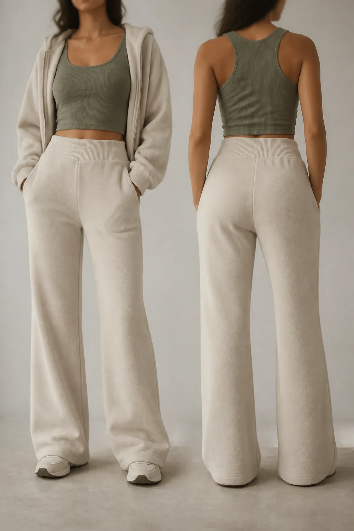 Cream fleece flare sweatpants shown front and back on a model