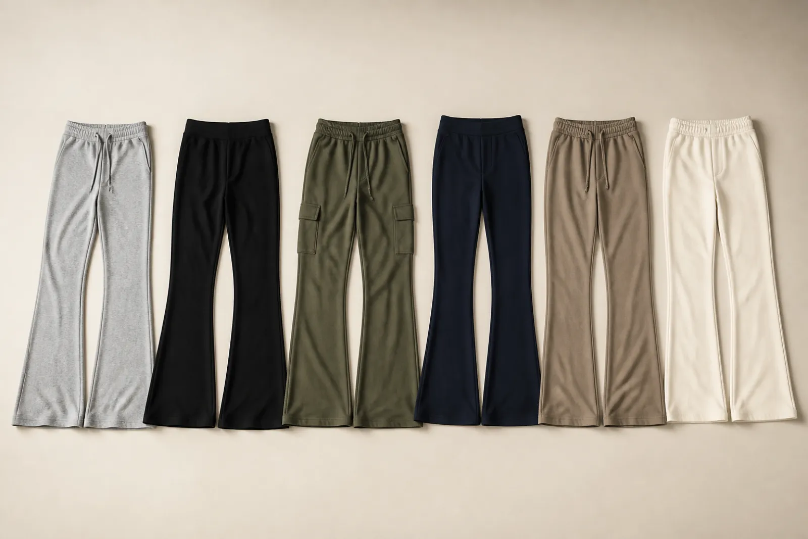 Six pairs of flare sweatpants laid out in a row by style