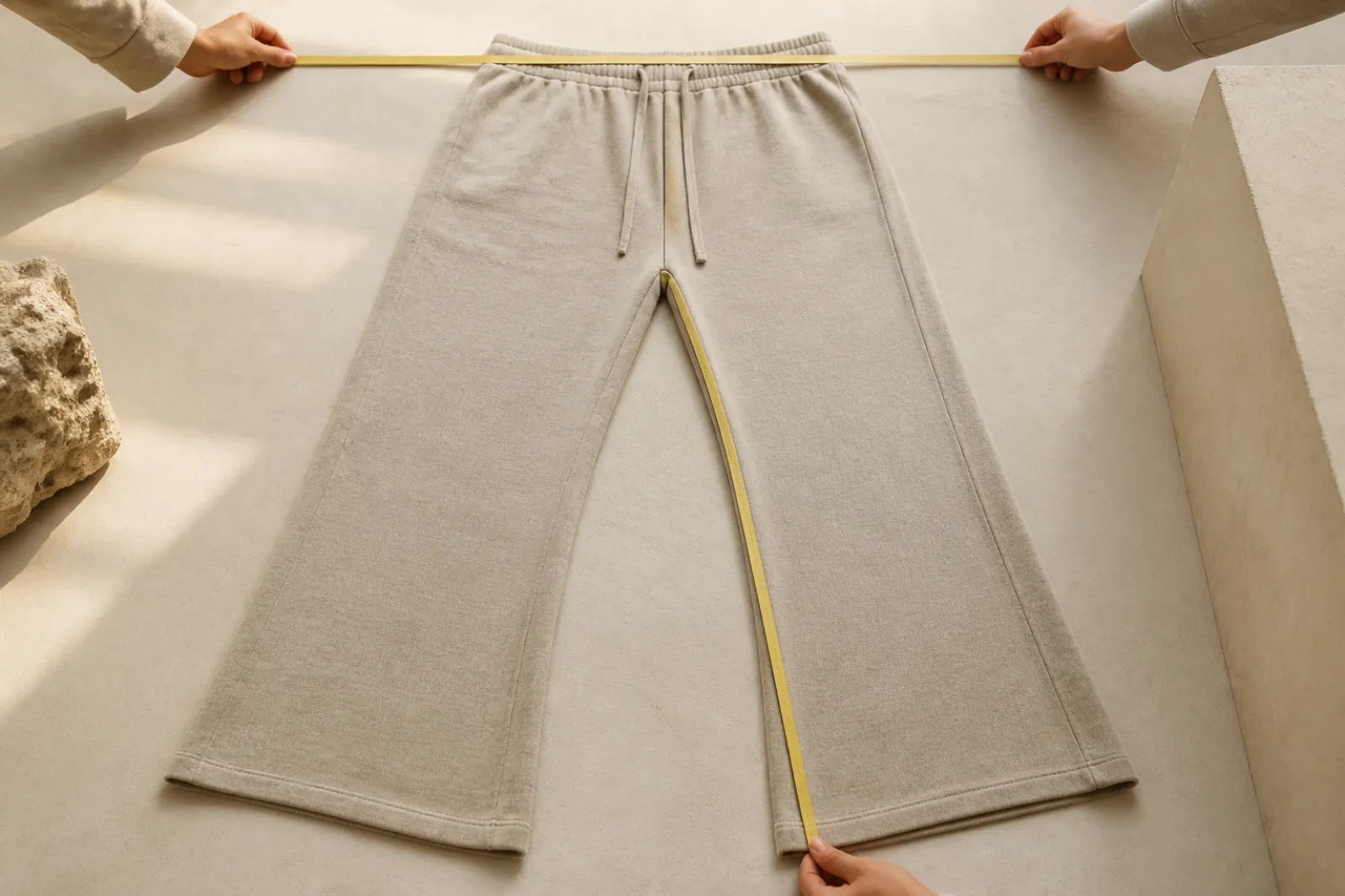 Measuring tape across the waistband and inseam of flat-laid flare sweatpants
