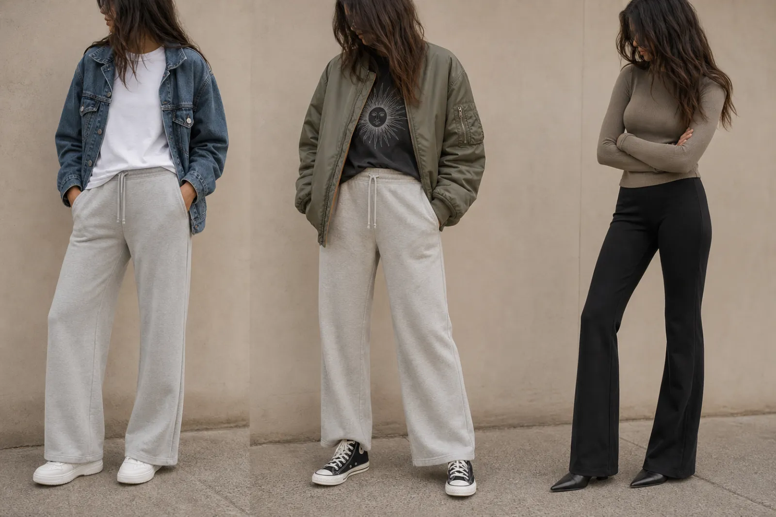Three flare sweatpants outfits: casual, streetwear and evening