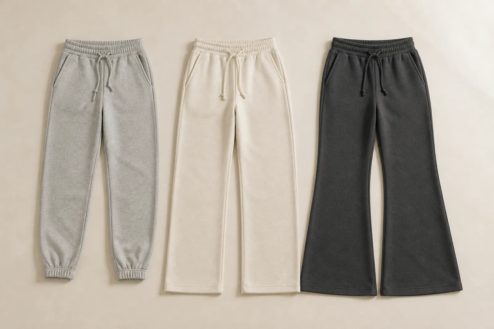 Flat lay comparing tapered jogger, straight leg and flare leg sweatpants silhouettes
